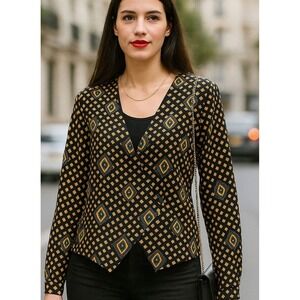 Vintage 80s Black Gold Blouse. Hidden Dickie. Geometric Diamond. Retro. SZ 14‎